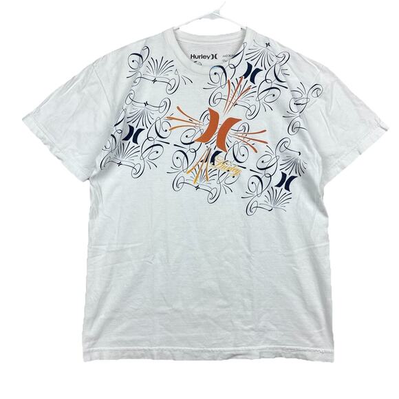 Hurley T-Shirt Medium White Graphic Tee Swirl Print Y2K Skater Surf Regular Fit - Picture 1 of 7